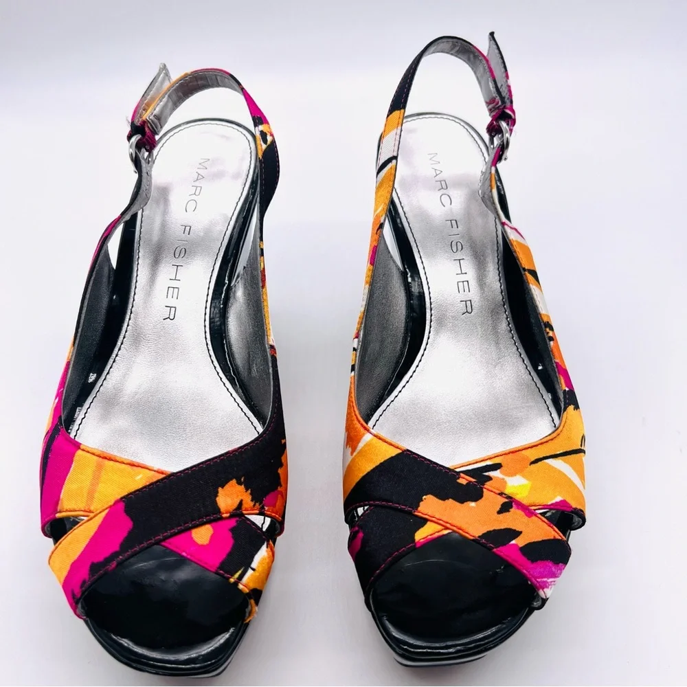 MARC FISHER Platform Peep Toe Wedges Sandals Shoes Multi Color Black Pat…